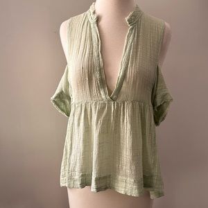 Free People • Green Gauzy V Neck Cold Shoulder Top